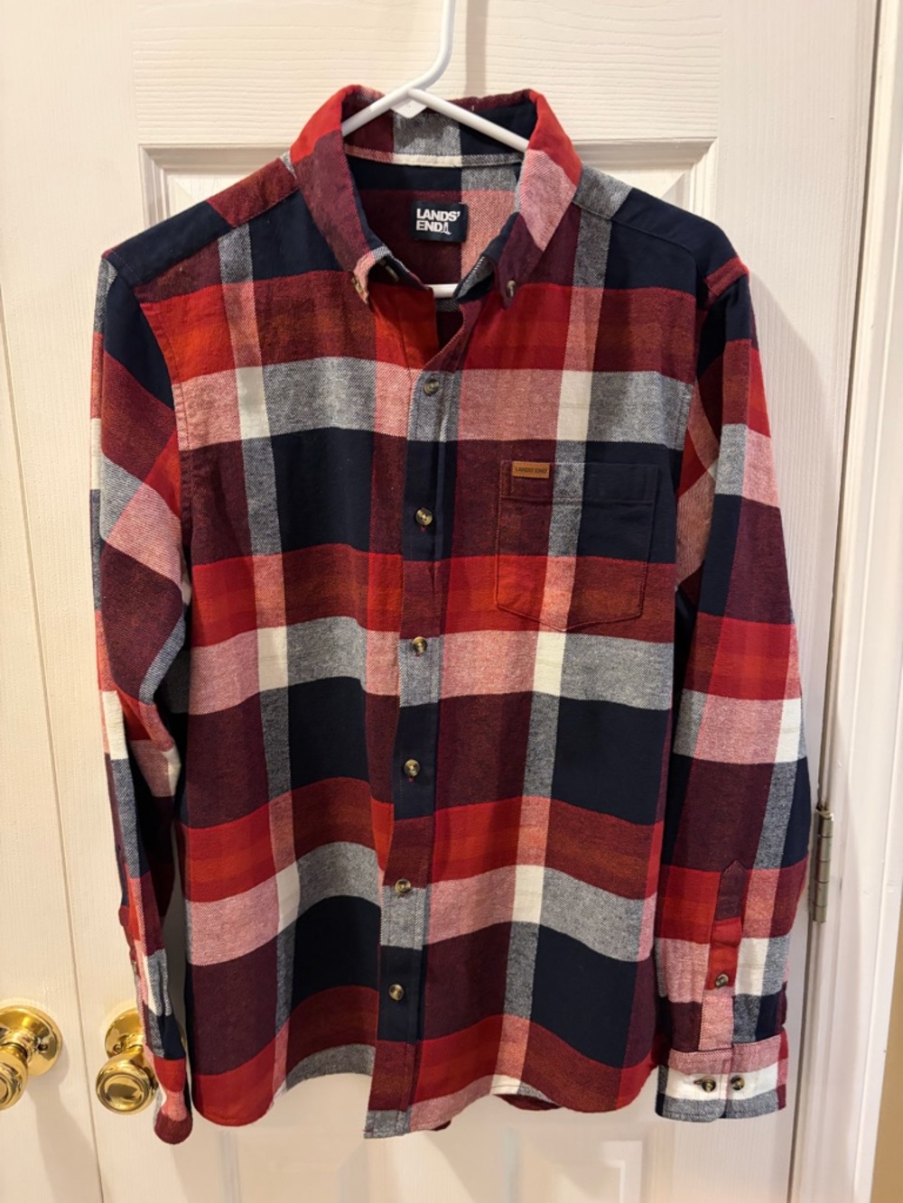 Lands' End Men's Red, Navy & Gray Plaid Button-Down Shirt